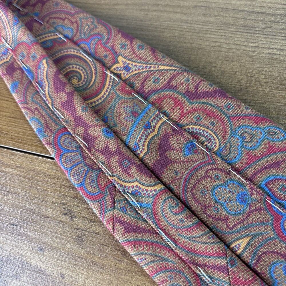 Robert Jensen Mens Silk Necktie Burgundy Red Blue Gold Paisley Pattern Italian - Picture 5 of 8